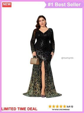 Plus Size Sequin Maxi Dress Long Sleeve V-Neck Formal Cocktail Evening Gown